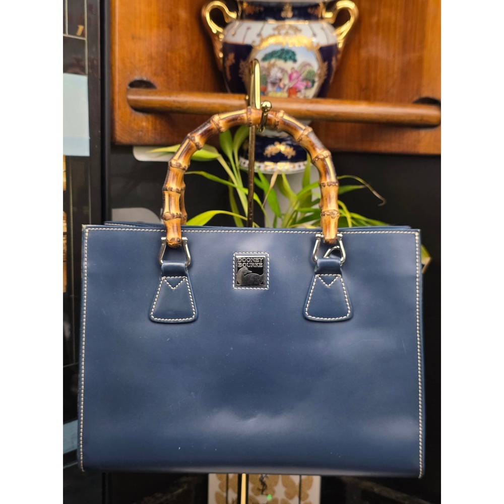 Dooney & Bourke Satchel Medium Blue Bamboo Handle Leather Italy Vintage Tote